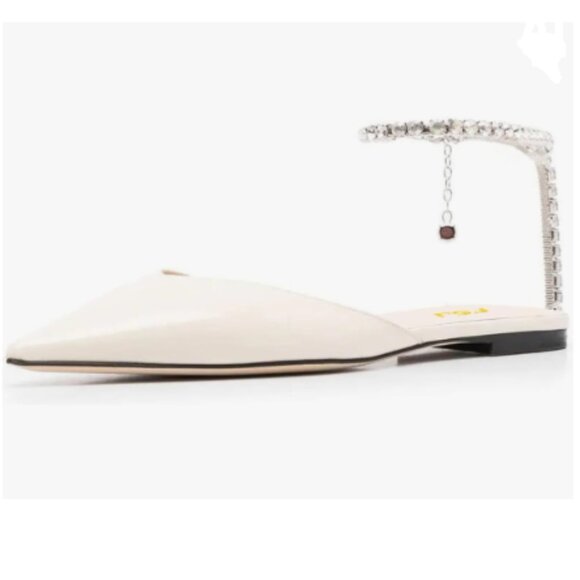 FSJ White Pointed Toe Ballet Flats Rhinestone Crystal Chain Ankle Strap Shoes - Picture 1 of 8